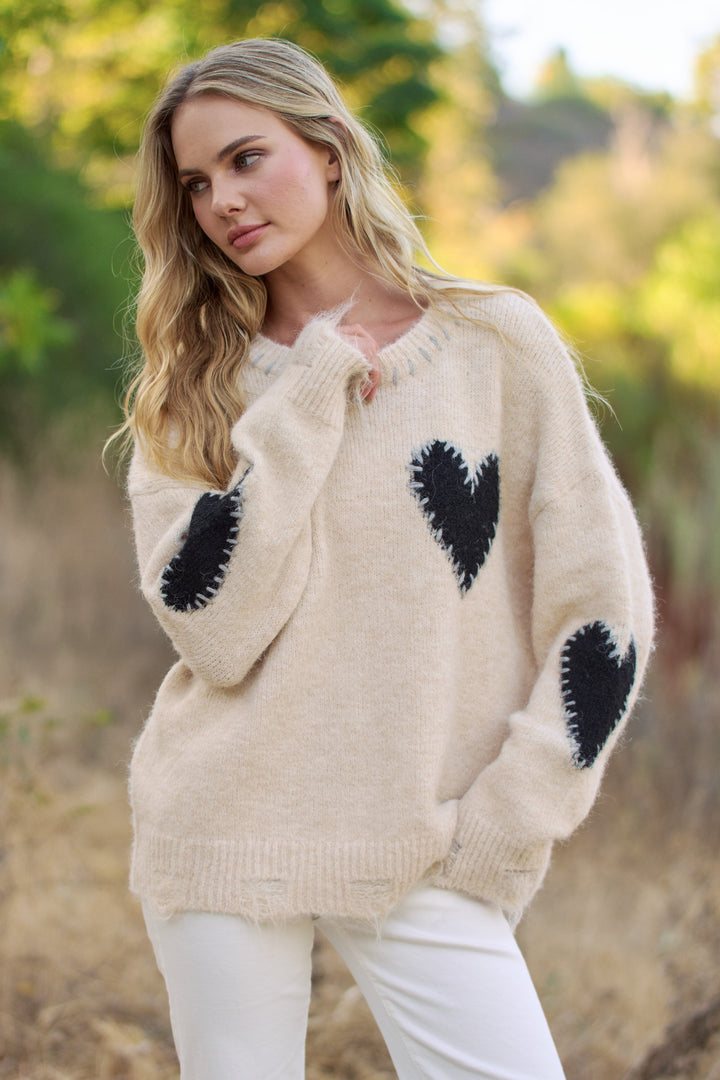 Long Sleeve Heart Patch Knit Sweater