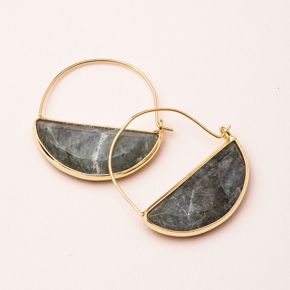 Scout Stone Prism Hoop earrings in labradorite stone with gold wire hoops