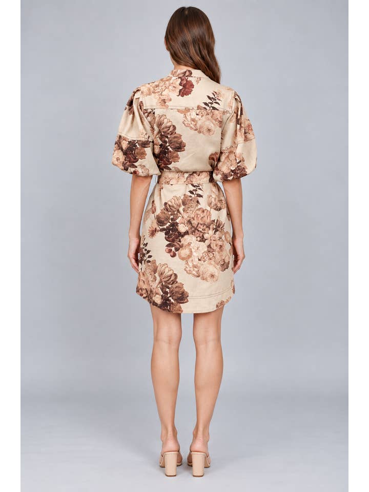 Botanical Print Denim Self Tie Waist Button Down Dress