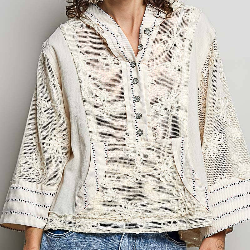 Natural cream 3/4 sleeve hoodie top with white lace embroidery and decorative buttons