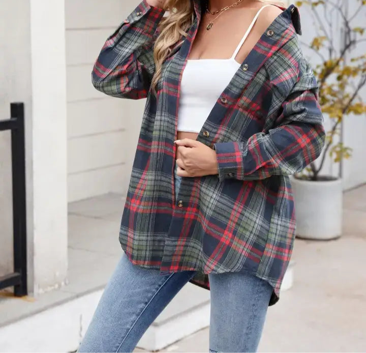Casual Loose Fit Plaid Button Shirt