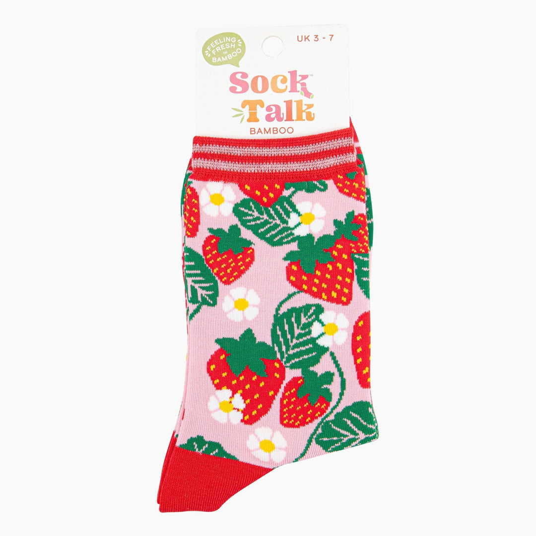 Pink bamboo ankle socks with red strawberries and white daisy flowers pattern