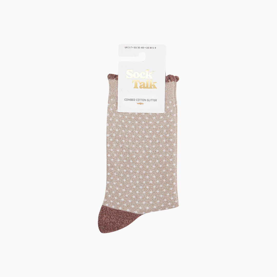 Sock Talk beige glitter crew socks with white polka dots and brown heel and cuff