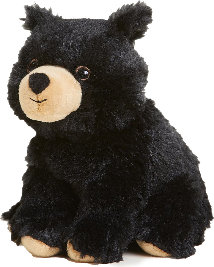 Black bear plush toy with tan snout and paws, soft fuzzy texture