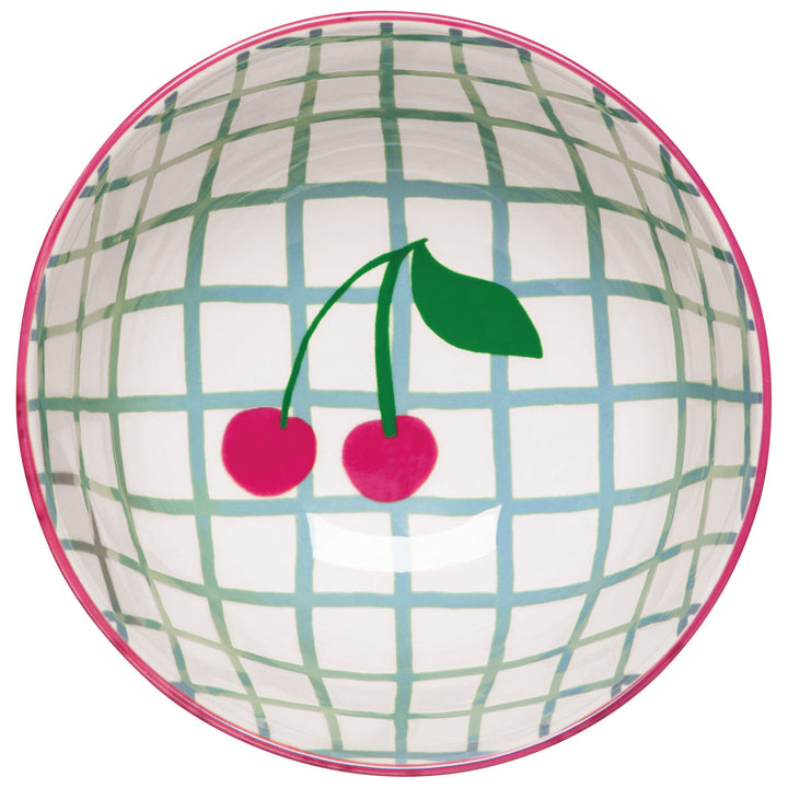 Danica Everyday Bowl with white background, green checkered pattern and pink cherry motif