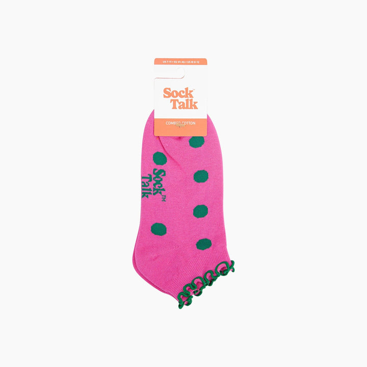 Pink ankle socks with green polka dots and green frilled cuff by Sock Talk