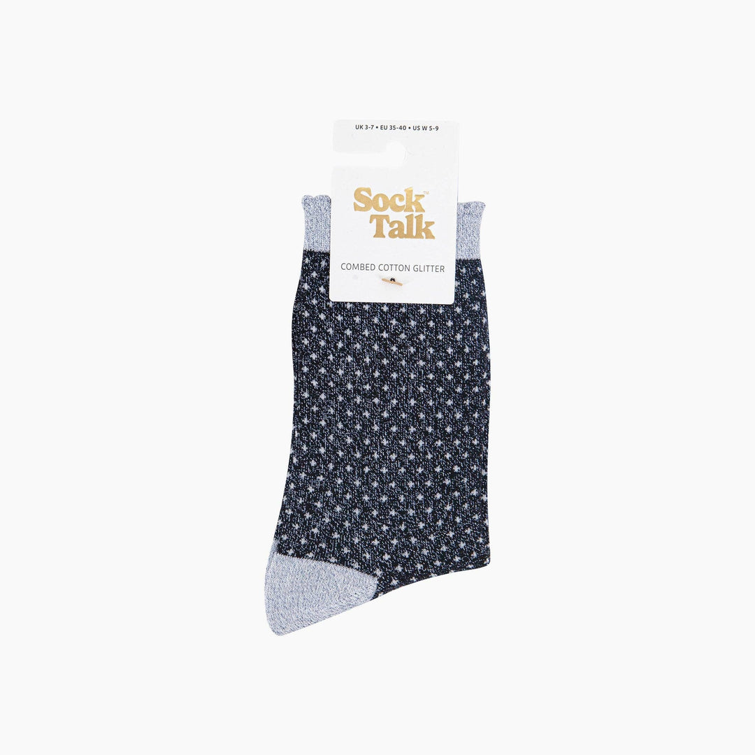 Navy blue polka dot glitter crew socks with silver heel and cuff by Sock Talk