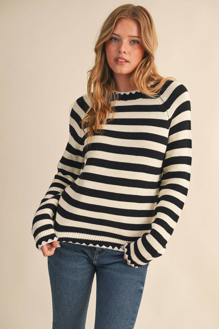 Striped Puff Sleeve Sweater w/ Contrast Stitch