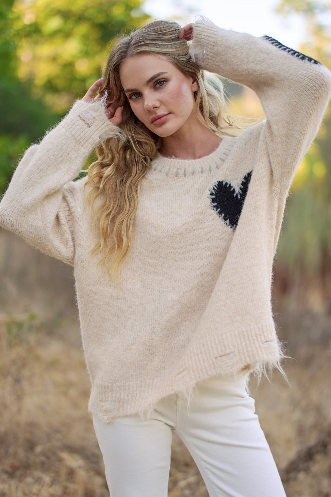 Long Sleeve Heart Patch Knit Sweater