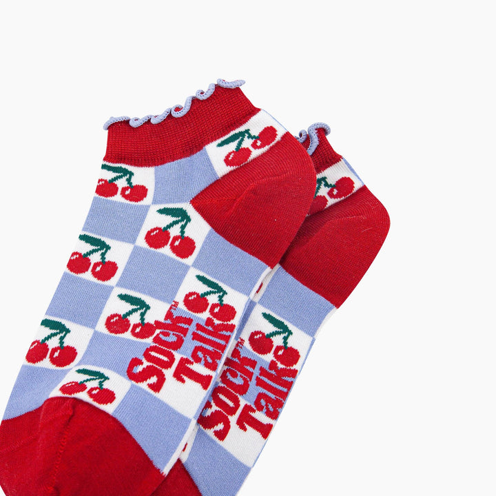 Cherry Checkerboard Bamboo Trainer Socks in Blue