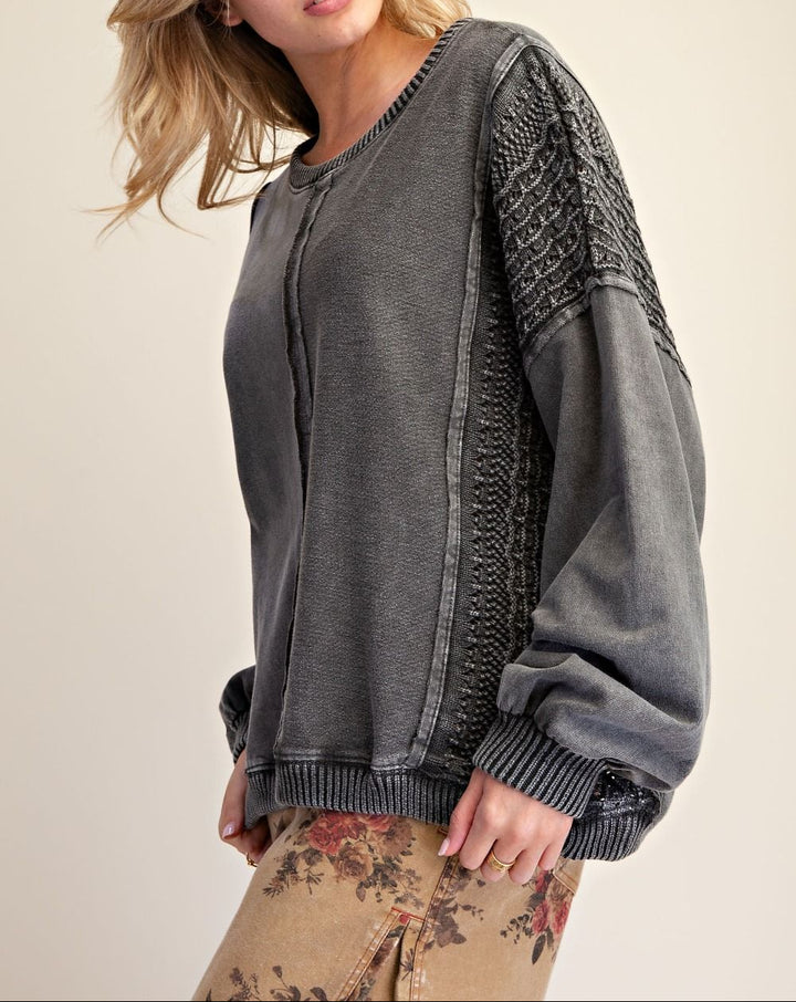 Crochet Mix Washed Terry Knit Pullover