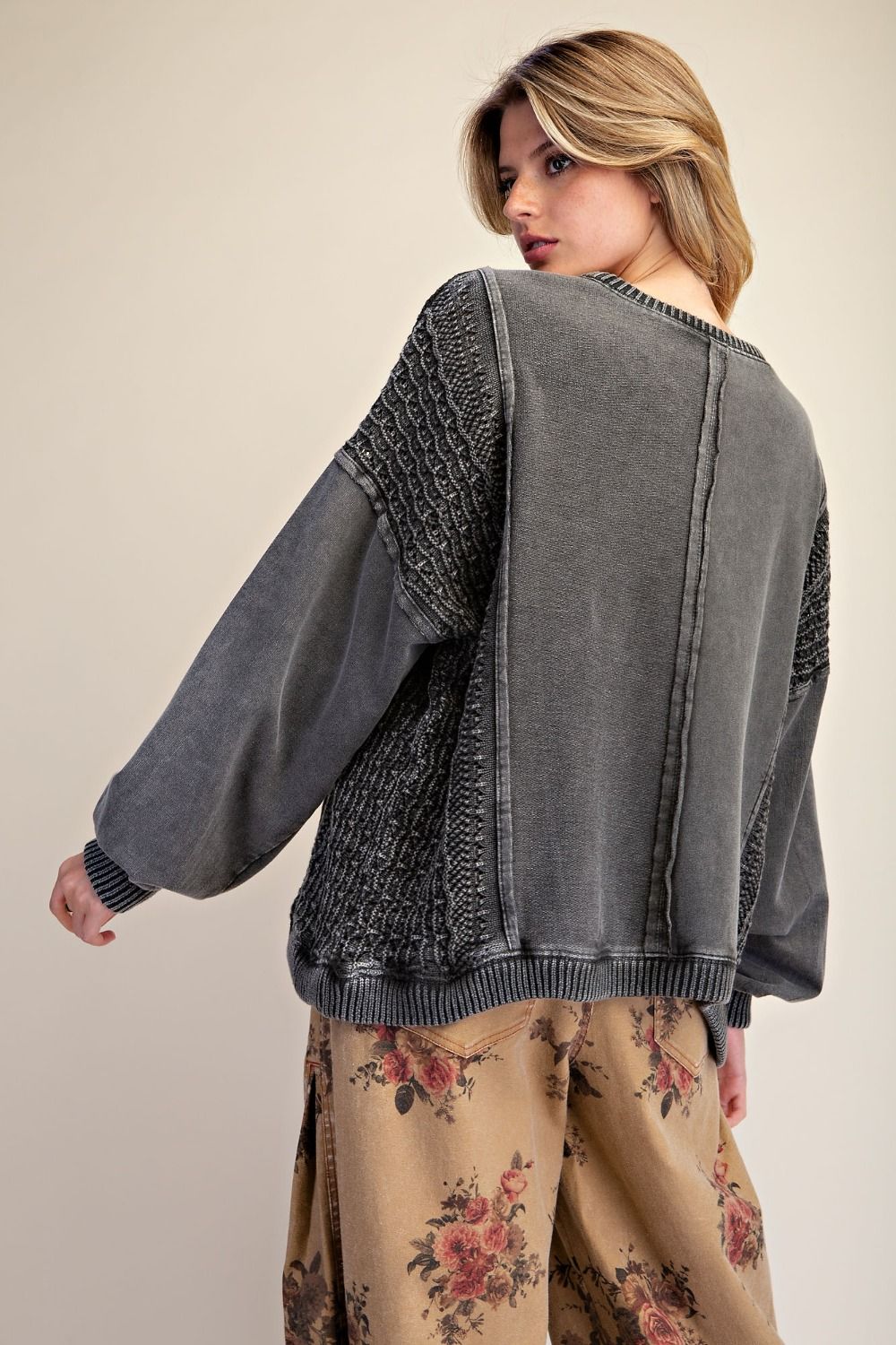 Crochet Mix Washed Terry Knit Pullover