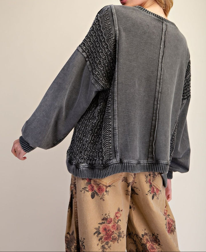Crochet Mix Washed Terry Knit Pullover