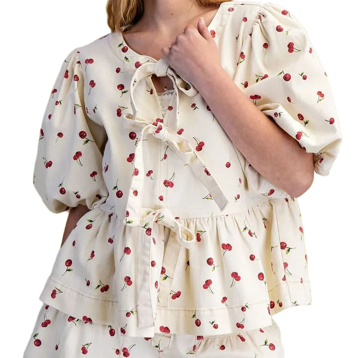 Cherry Print Washed Twill Top