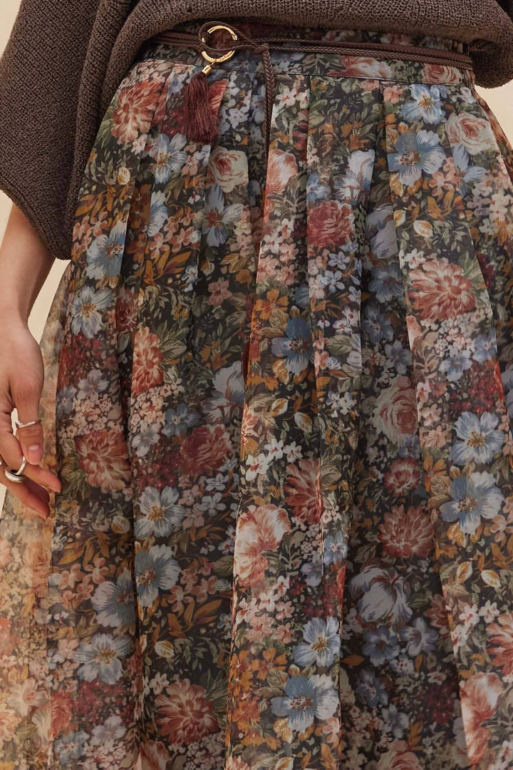 Floral-Print Pleated Midi Skirt