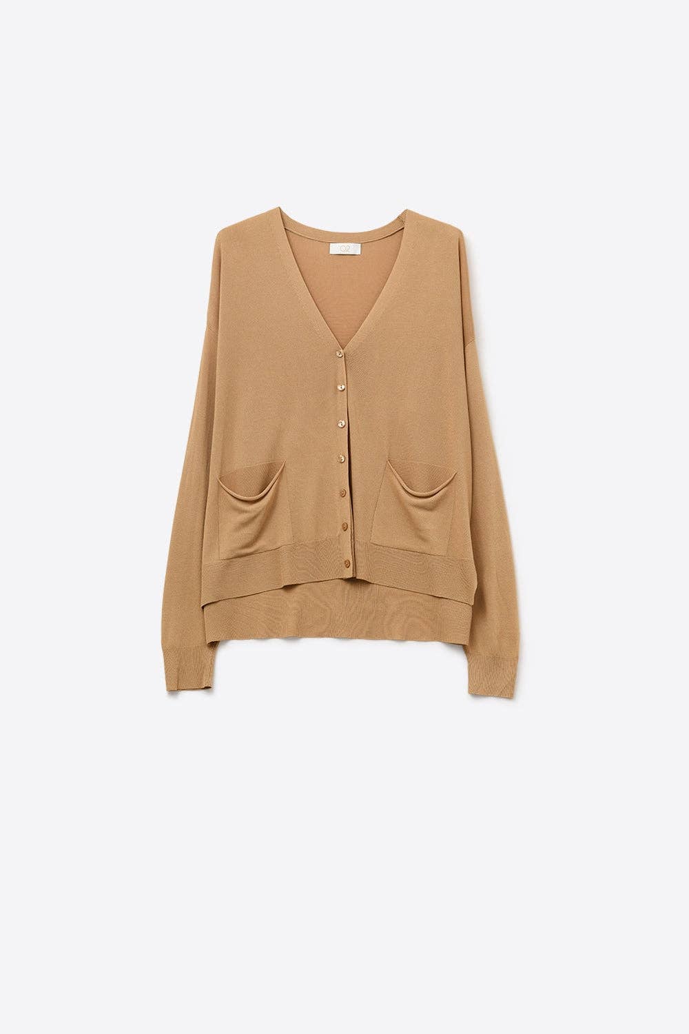 Camel colored fine knit cardigan with V-neck, button front closure and front pockets