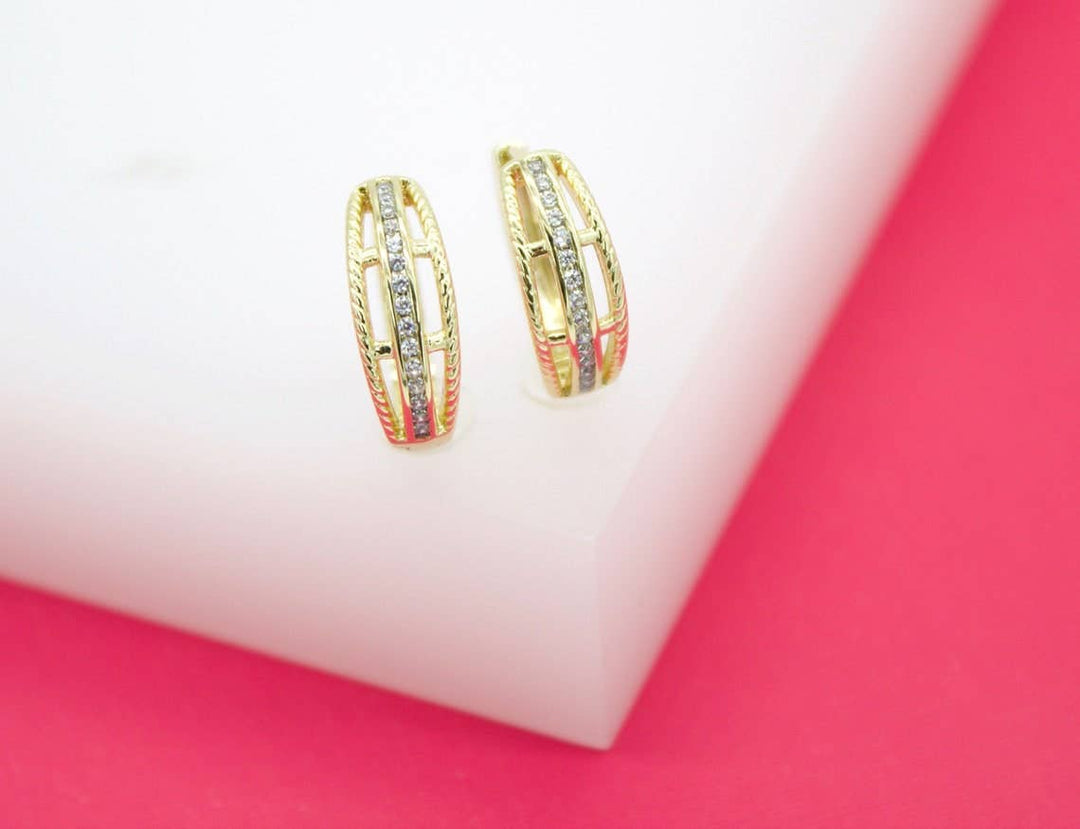 18K Gold Filled Slim Designed Huggies Pave Earrings With Micro CZ Cubic Zirconia Stones
