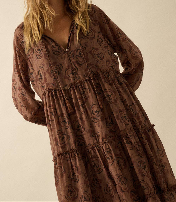 Floral Tiered Ruffle Bubble-Sleeve Midi Dress
