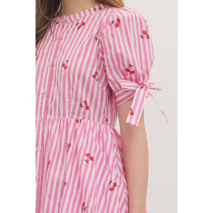 Striped Cherry Short Sleeve Mini Dress