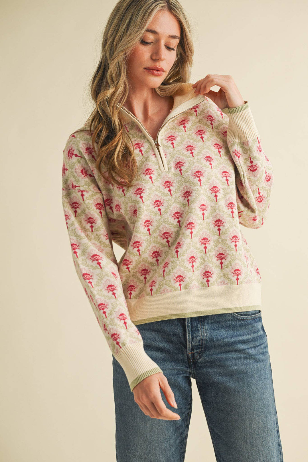 Floral Mock Neck ½ Pullover