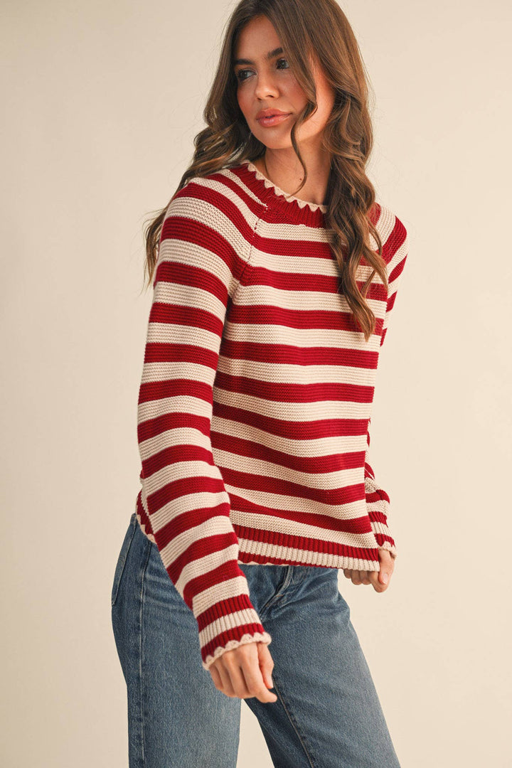 Striped Puff Sleeve Sweater w/ Contrast Stitch