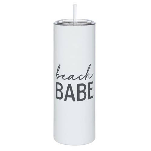 Light blue skinny tumbler with straw featuring 'beach BABE' text in gray lettering