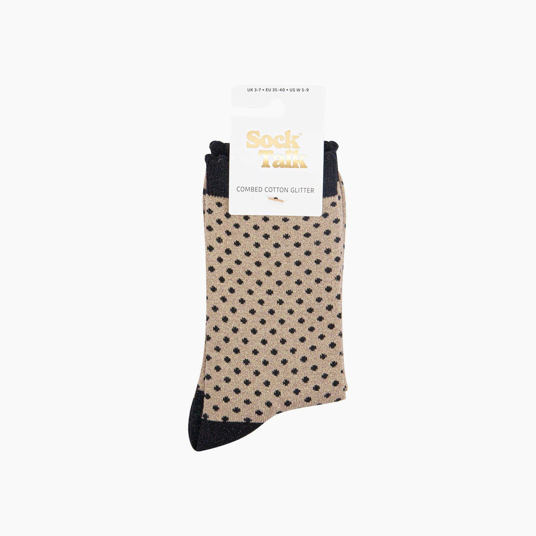 Gold glitter crew socks with black polka dots and black cuff and toe