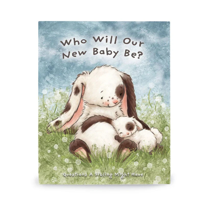 Who Will Our New Baby Be board book cover featuring watercolor bunnies in meadow