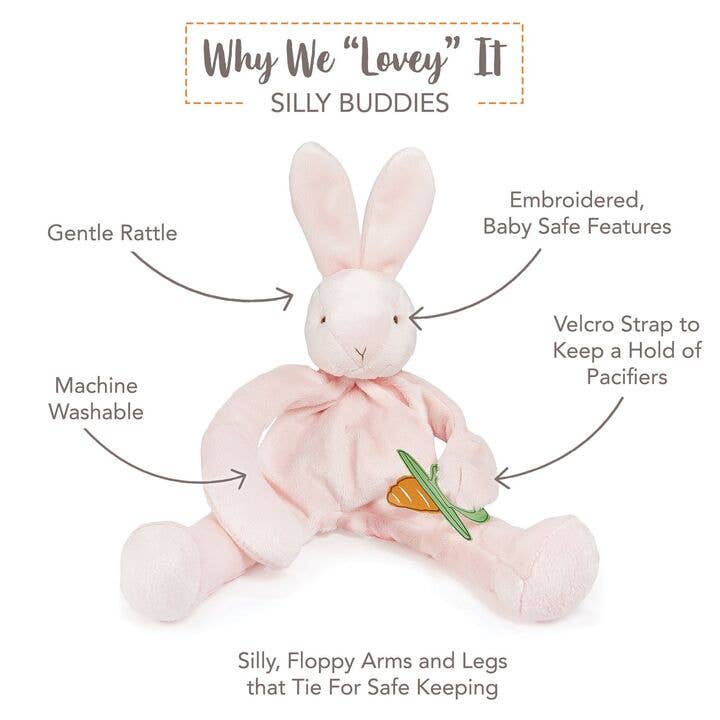Silly Buddies pink plush bunny with embroidered carrot and feature callouts