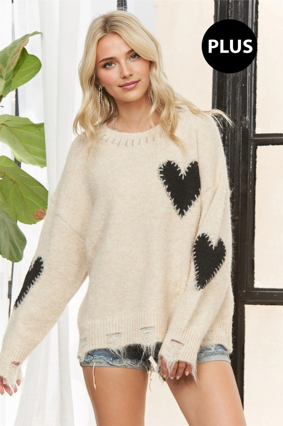 Long Sleeve Heart Patch Knit Sweater