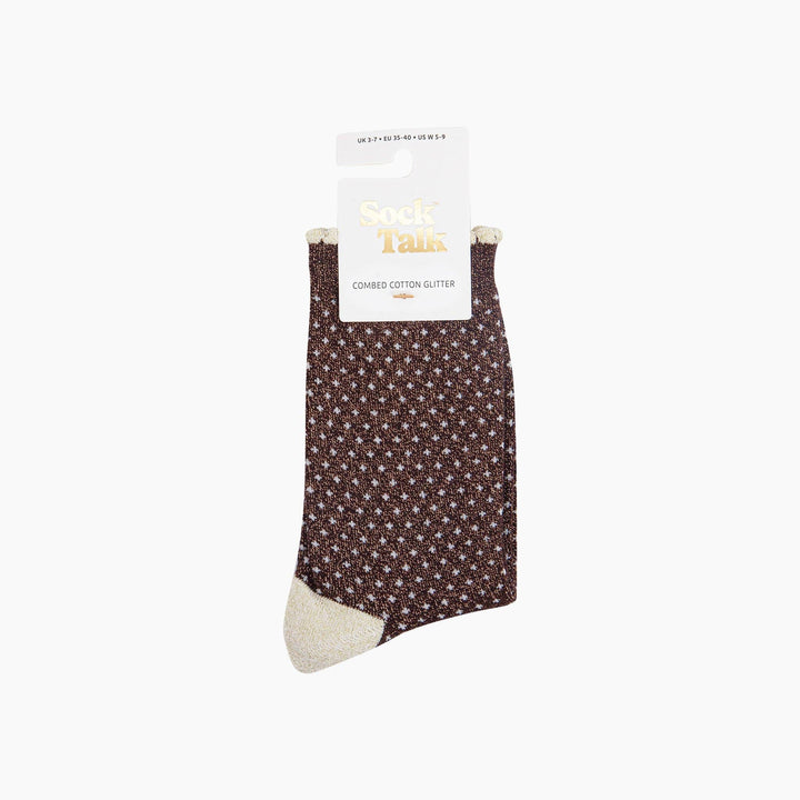 Chocolate brown glitter ankle socks with white polka dots and cream heel and toe