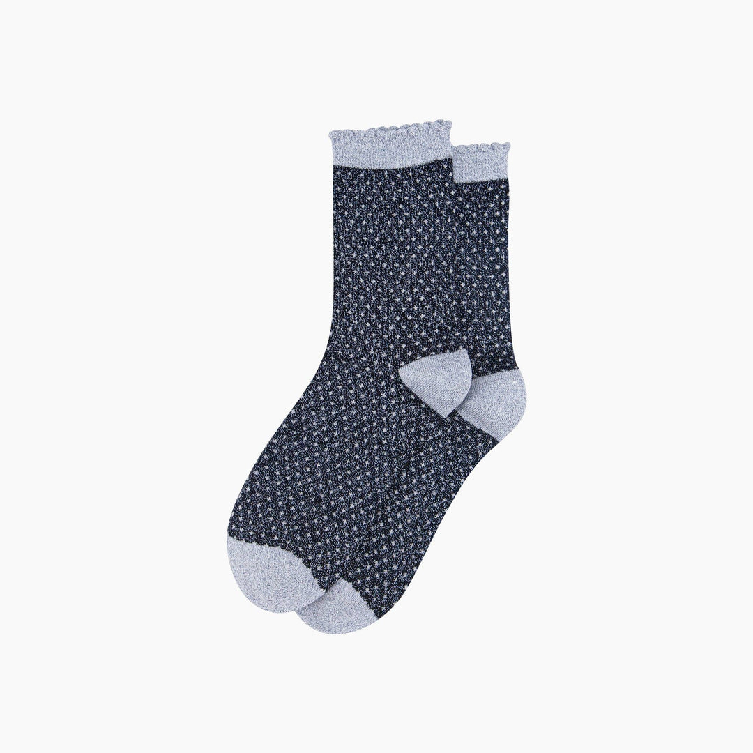 Navy blue glitter crew socks with polka dots and light blue scalloped cuff