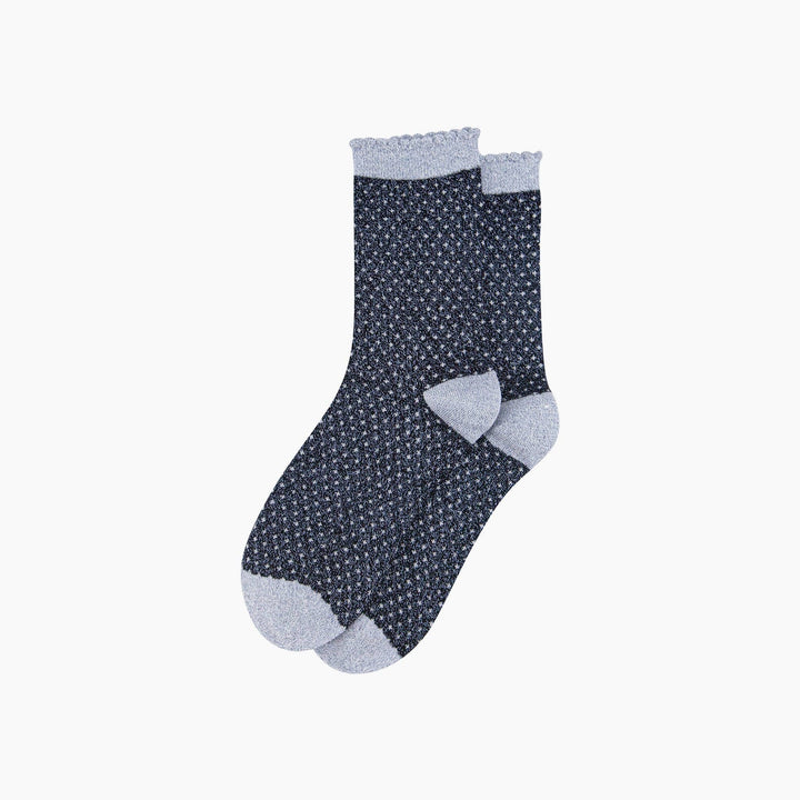 Navy blue glitter crew socks with polka dots and light blue scalloped cuff