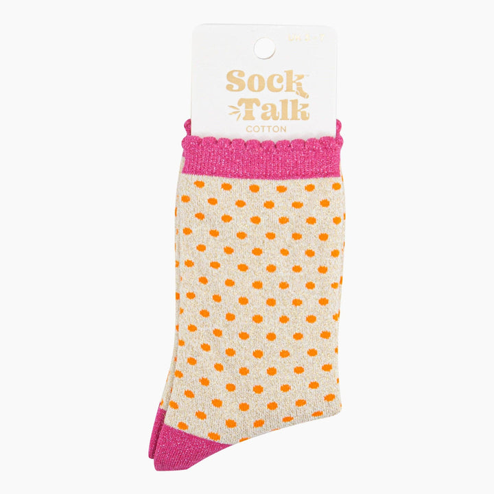 Cream cotton glitter ankle socks with orange polka dots and pink scallop cuff