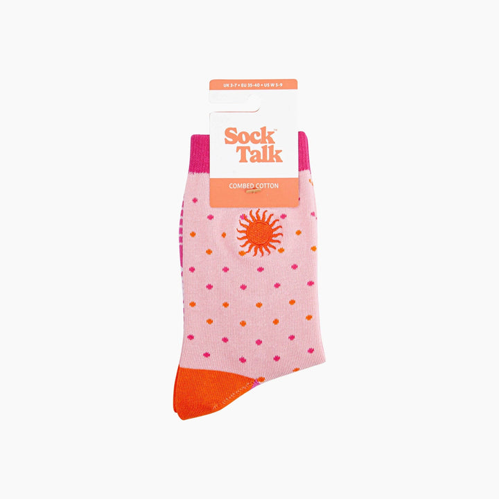 Pink combed cotton crew socks with sun embroidery, orange and pink polka dots