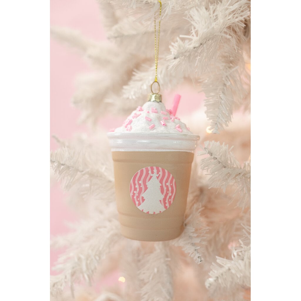 Frappe coffee drink Christmas ornament with whipped cream and pink details hanging on white tree