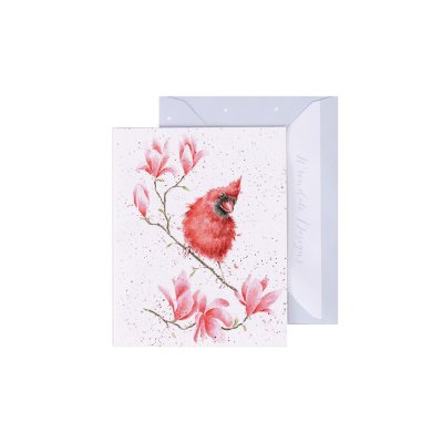 Wrendale greeting card featuring red cardinal bird perched on pink magnolia branch with envelope