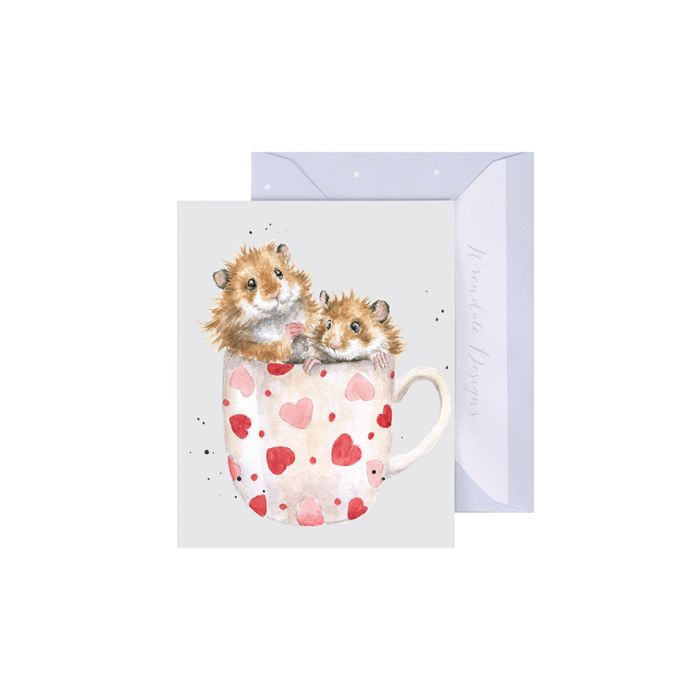 Wrendale greeting card featuring two cute hamsters sitting in heart-patterned teacup with envelope