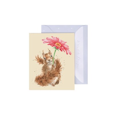 Wrendale greeting card featuring watercolor squirrel holding pink flower with envelope