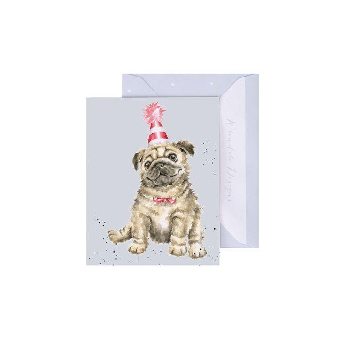 Wrendale Another Wrinkle Mini Card featuring watercolor pug wearing festive red striped winter hat