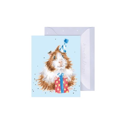 Wrendale Designs birthday card featuring a guinea pig wearing a party hat holding a gift