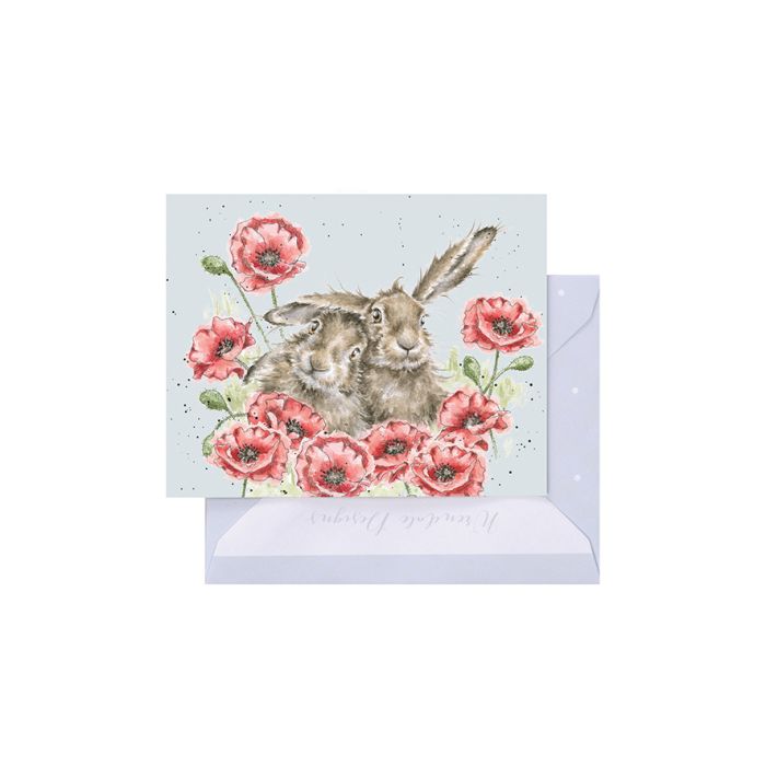 Wrendale Love in the Hare Mini Card featuring two hares surrounded by pink poppies