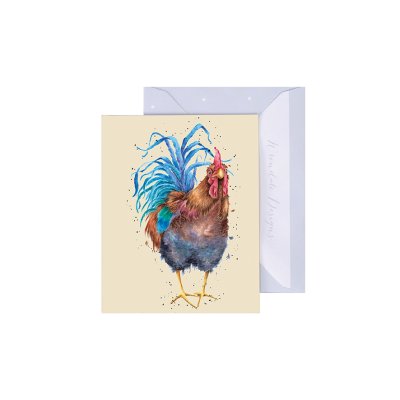 Wrendale greeting card featuring watercolor rooster illustration on cream background with envelope