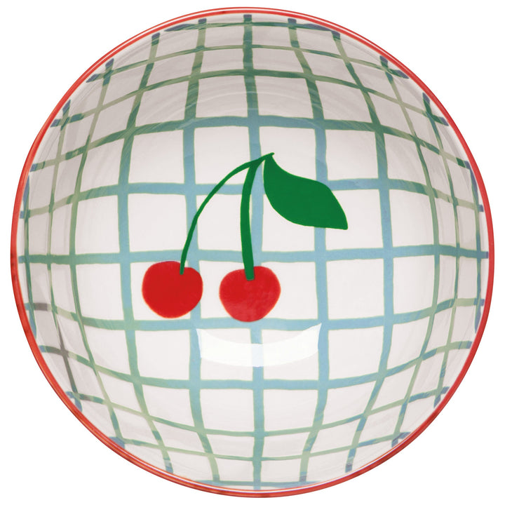 Danica Everyday Bowl with white background, green checkered grid pattern, and red cherry motif