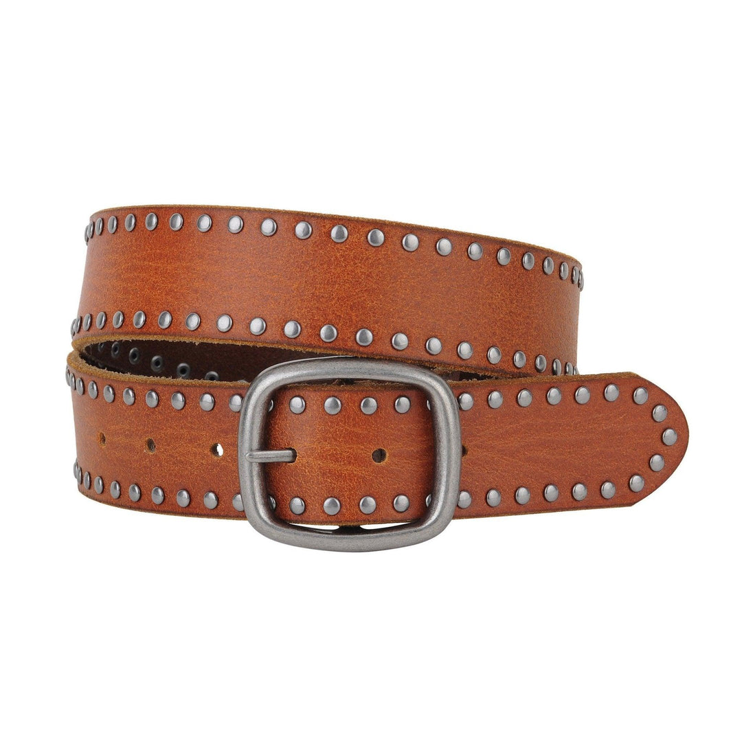 Most Wanted tan leather belt with silver studs along edges and square buckle