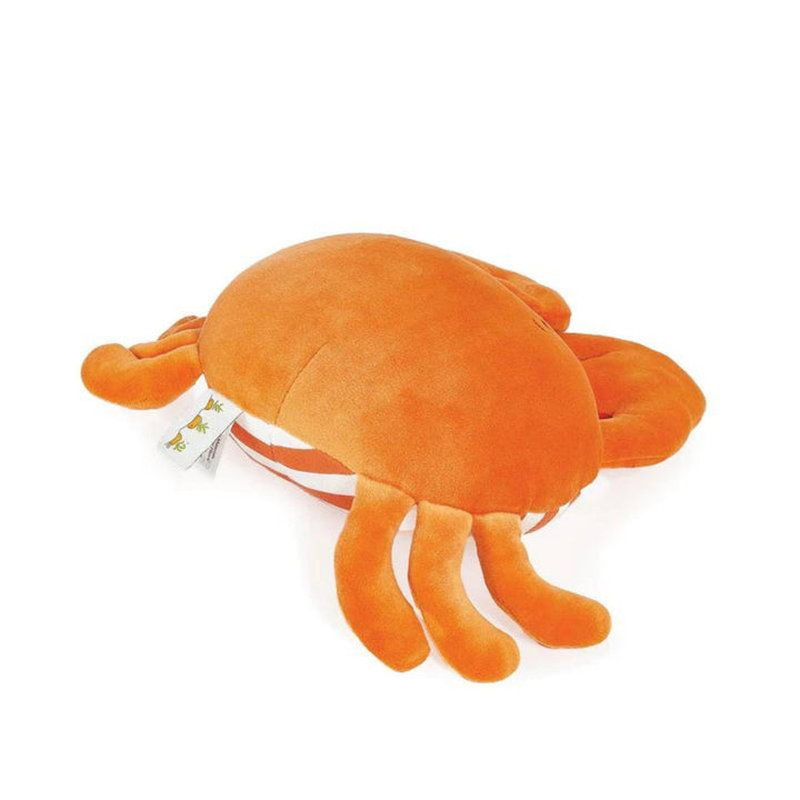 Orange plush crab toy with soft tentacles and Bunnies by the Bay tag