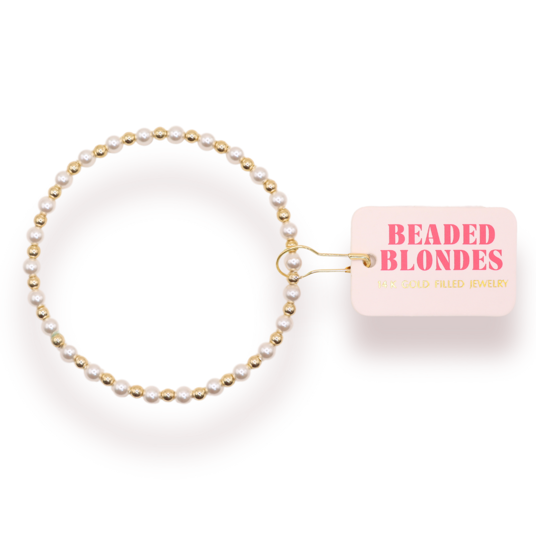 Beaded Blondes Luci Pearl Bracelet alternating white pearls and 14k gold filled beads with brand tag