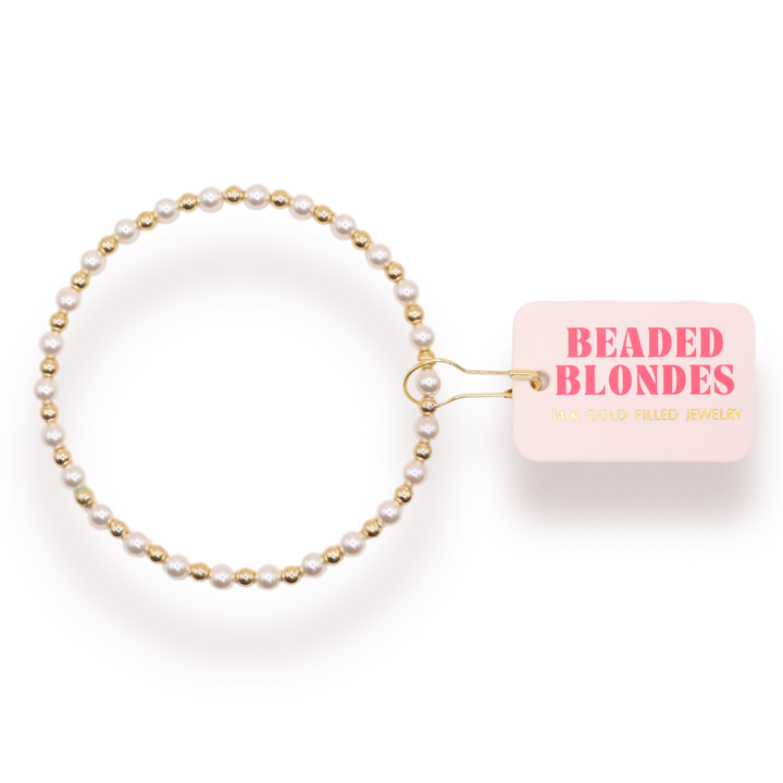 Beaded Blondes Luci Pearl Bracelet alternating white pearls and 14k gold filled beads with brand tag
