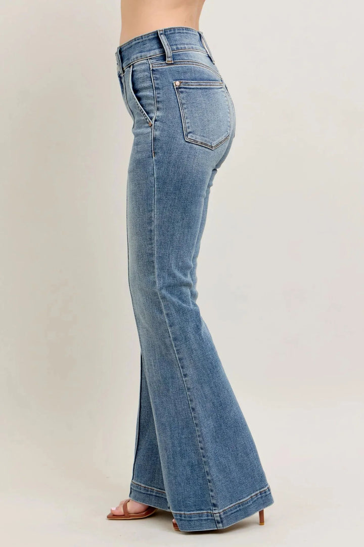 Judy Blue high waisted trouser flare jeans in medium blue denim, side profile view