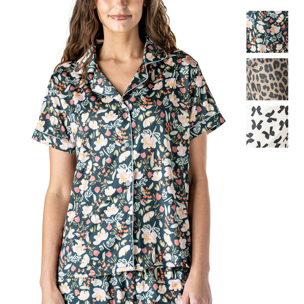 Hello Mello satin pajama top in dark floral print with short sleeves and button front